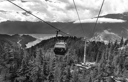 sea to sky gondola cars and guy wires and view