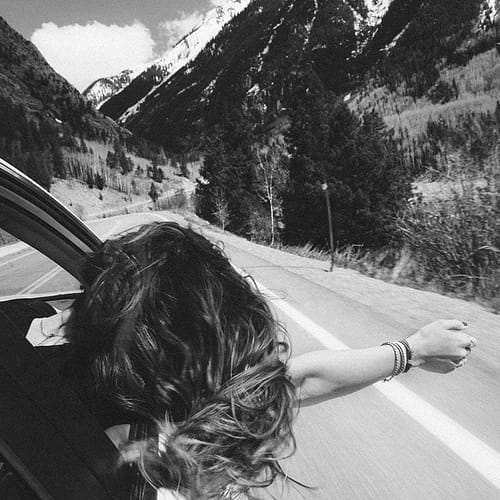 passenger leans out the side window on a mountain highway